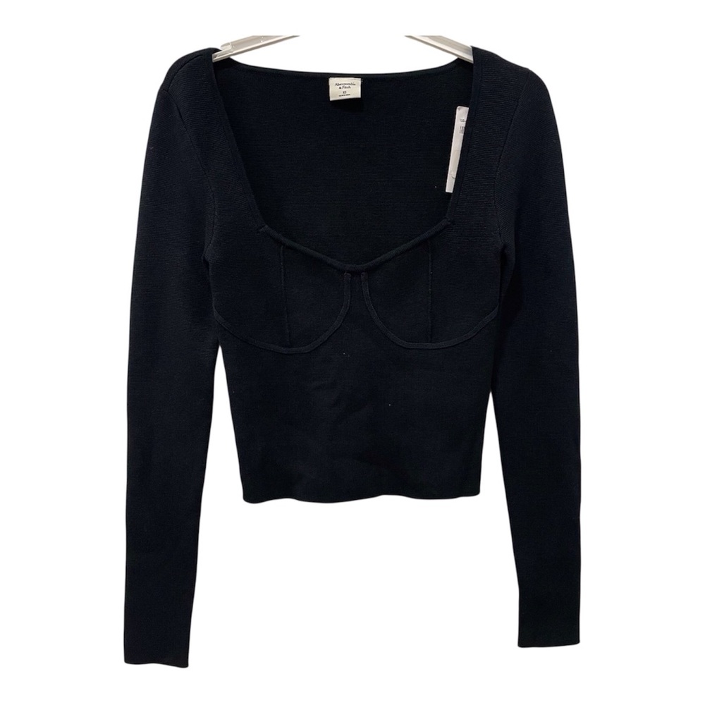 NWT Abercrombie & Fitch Babydoll Black Ribbed Knit Long Sleeve Top XS